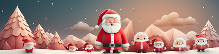 Santa Claus in snowy landscape with geometric mountains. Festive winter scene with Christmas vibesの素材
