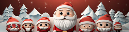 Santa Claus in snowy landscape with geometric mountains. Festive winter scene with Christmas vibesの素材