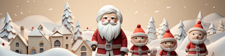 Santa Claus in snowy landscape with geometric mountains. Festive winter scene with Christmas vibesの素材