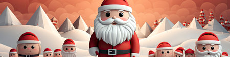 Santa Claus in snowy landscape with geometric mountains. Festive winter scene with Christmas vibesの素材