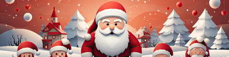 Santa Claus in snowy landscape with geometric mountains. Festive winter scene with Christmas vibesの素材