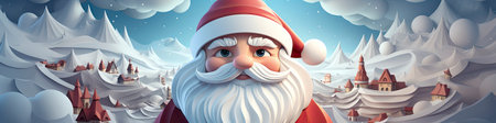 Santa Claus in snowy landscape with geometric mountains. Festive winter scene with Christmas vibesの素材