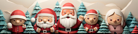 Santa Claus in snowy landscape with geometric mountains. Festive winter scene with Christmas vibesの素材