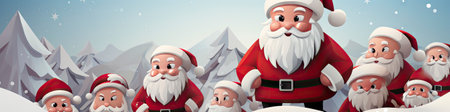 Santa Claus in snowy landscape with geometric mountains. Festive winter scene with Christmas vibesの素材