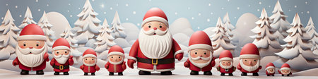 Santa Claus in snowy landscape with geometric mountains. Festive winter scene with Christmas vibesの素材