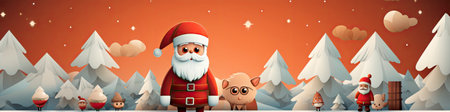 Santa Claus in snowy landscape with geometric mountains. Festive winter scene with Christmas vibesの素材
