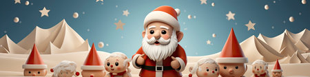 Santa Claus in snowy landscape with geometric mountains. Festive winter scene with Christmas vibesの素材