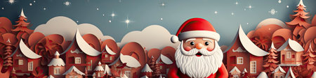 Santa Claus in snowy landscape with geometric mountains. Festive winter scene with Christmas vibesの素材