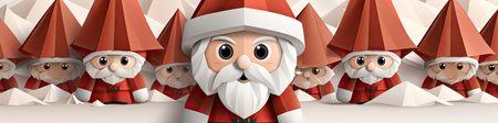 Santa Claus in snowy landscape with geometric mountains. Festive winter scene with Christmas vibesの素材