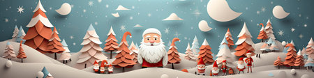 Santa Claus in snowy landscape with geometric mountains. Festive winter scene with Christmas vibesの素材
