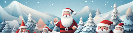 Santa Claus in snowy landscape with geometric mountains. Festive winter scene with Christmas vibesの素材