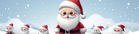 Charming Santa and elves in snowy setting, displaying various expressions. Perfect for festive holiday projectsの素材