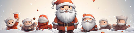 Charming Santa and elves in snowy setting, displaying various expressions. Perfect for festive holiday projectsの素材