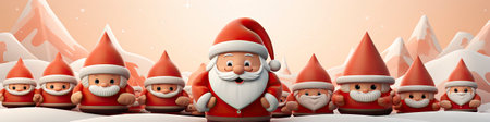 Charming Santa and elves in snowy setting, displaying various expressions. Perfect for festive holiday projectsの素材