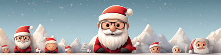 Charming Santa and elves in snowy setting, displaying various expressions. Perfect for festive holiday projectsの素材