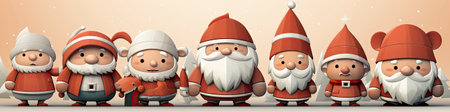 Charming Santa and elves in snowy setting, displaying various expressions. Perfect for festive holiday projectsの素材