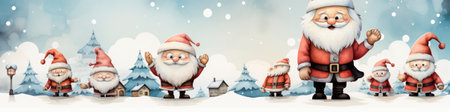 Charming Santa and elves in snowy setting, displaying various expressions. Perfect for festive holiday projectsの素材