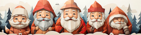 Charming Santa and elves in snowy setting, displaying various expressions. Perfect for festive holiday projectsの素材