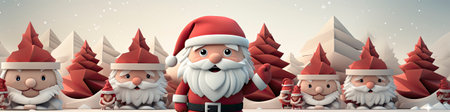 Charming Santa and elves in snowy setting, displaying various expressions. Perfect for festive holiday projectsの素材