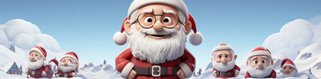 Charming Santa and elves in snowy setting, displaying various expressions. Perfect for festive holiday projectsの素材