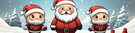 Charming Santa and elves in snowy setting, displaying various expressions. Perfect for festive holiday projectsの素材