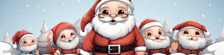 Charming Santa and elves in snowy setting, displaying various expressions. Perfect for festive holiday projectsの素材