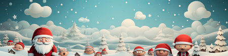 Charming Santa and elves in snowy setting, displaying various expressions. Perfect for festive holiday projectsの素材