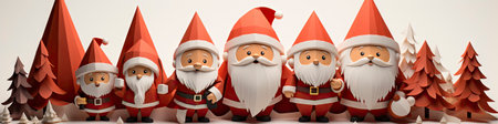 Charming Santa and elves in snowy setting, displaying various expressions. Perfect for festive holiday projectsの素材
