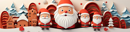 Charming Santa and elves in snowy setting, displaying various expressions. Perfect for festive holiday projectsの素材