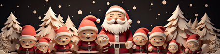 Charming Santa and elves in snowy setting, displaying various expressions. Perfect for festive holiday projectsの素材