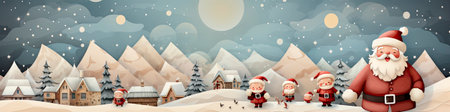 Charming Santa and elves in snowy setting, displaying various expressions. Perfect for festive holiday projectsの素材
