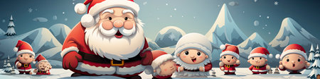 Charming Santa and elves in snowy setting, displaying various expressions. Perfect for festive holiday projectsの素材
