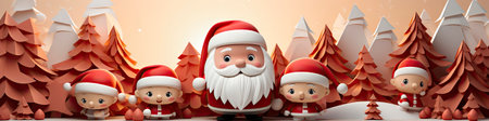 Charming Santa and elves in snowy setting, displaying various expressions. Perfect for festive holiday projectsの素材