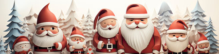 Charming Santa and elves in snowy setting, displaying various expressions. Perfect for festive holiday projectsの素材