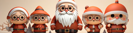 Charming Santa and elves in snowy setting, displaying various expressions. Perfect for festive holiday projectsの素材