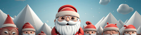 Charming Santa and elves in snowy setting, displaying various expressions. Perfect for festive holiday projectsの素材