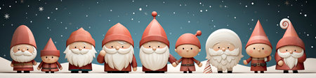 Charming Santa and elves in snowy setting, displaying various expressions. Perfect for festive holiday projectsの素材