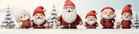Charming Santa and elves in snowy setting, displaying various expressions. Perfect for festive holiday projectsの素材