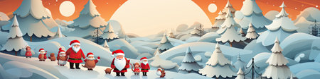 Charming Santa and elves in snowy setting, displaying various expressions. Perfect for festive holiday projectsの素材