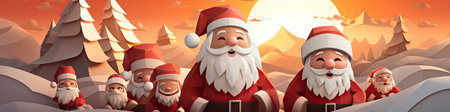Charming Santa and elves in snowy setting, displaying various expressions. Perfect for festive holiday projectsの素材