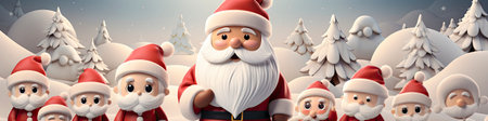 Charming Santa and elves in snowy setting, displaying various expressions. Perfect for festive holiday projectsの素材