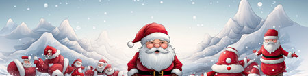 Charming Santa and elves in snowy setting, displaying various expressions. Perfect for festive holiday projectsの素材