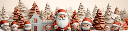 Charming Santa and elves in snowy setting, displaying various expressions. Perfect for festive holiday projectsの素材