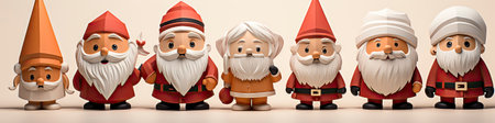Charming Santa and elves in snowy setting, displaying various expressions. Perfect for festive holiday projectsの素材