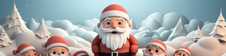 Charming Santa and elves in snowy setting, displaying various expressions. Perfect for festive holiday projectsの素材