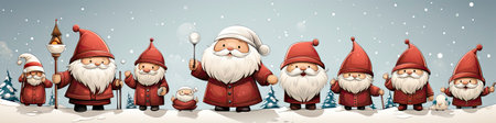 Charming Santa and elves in snowy setting, displaying various expressions. Perfect for festive holiday projectsの素材