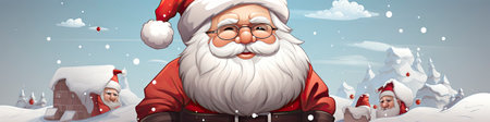 Charming Santa and elves in snowy setting, displaying various expressions. Perfect for festive holiday projectsの素材