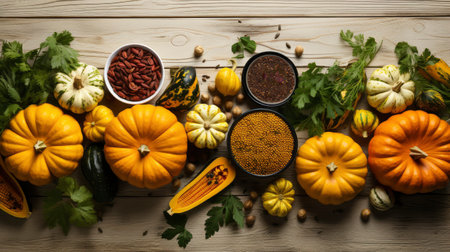 Autumn background from fallen leaves and fruits with vintage place setting on old wooden table. thanksgiving day conceptの写真素材
