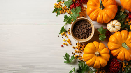 Autumn background from fallen leaves and fruits with vintage place setting on old wooden table. thanksgiving day conceptの写真素材