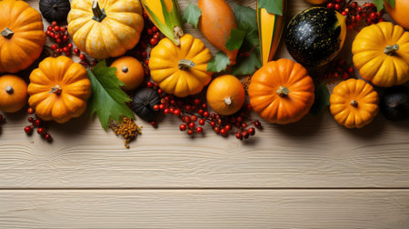 Happy Thanksgiving concept. Composition with ripe orange pumpkins, fallen leaves, dry flowers on rustic wooden table. Flat lay, top view, copy spaceの素材